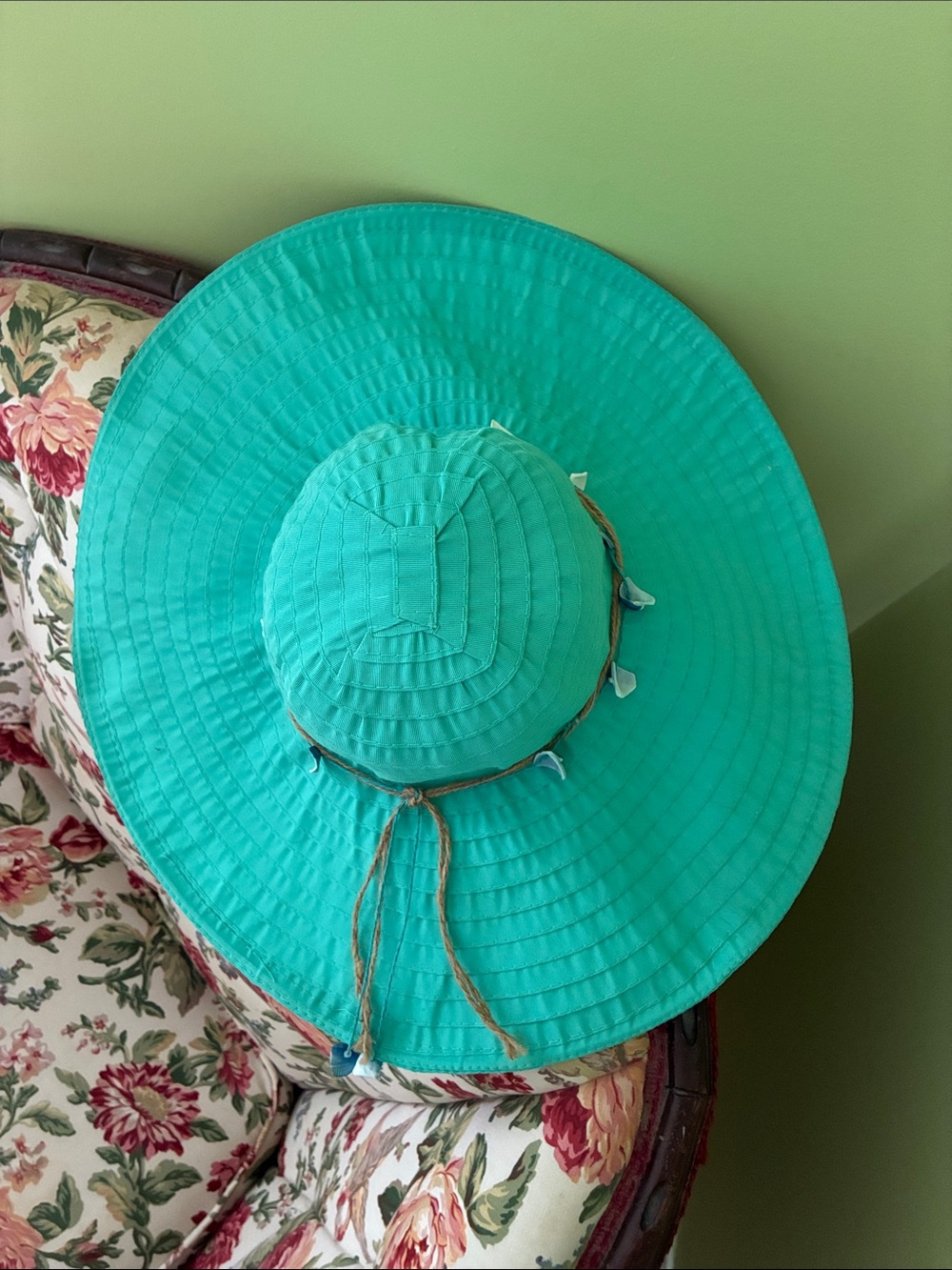 Women’s Turquoise Wide-Brim Sun Hat with Twine Accent - Picture 3 of 8